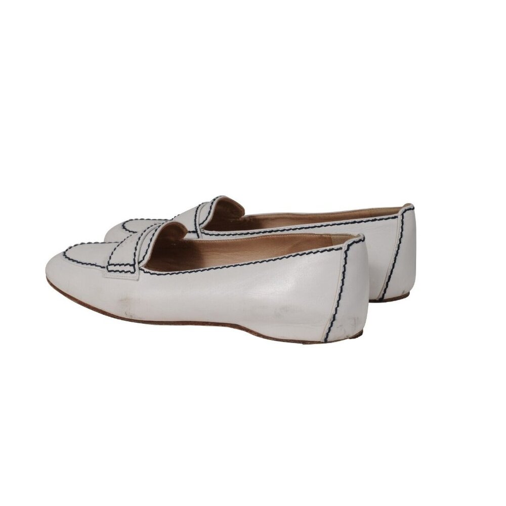 Chanel Womens CC Logo Flats US 7.5 EU 37.5 White Leather Blue Stitching - Picture 5 of 11